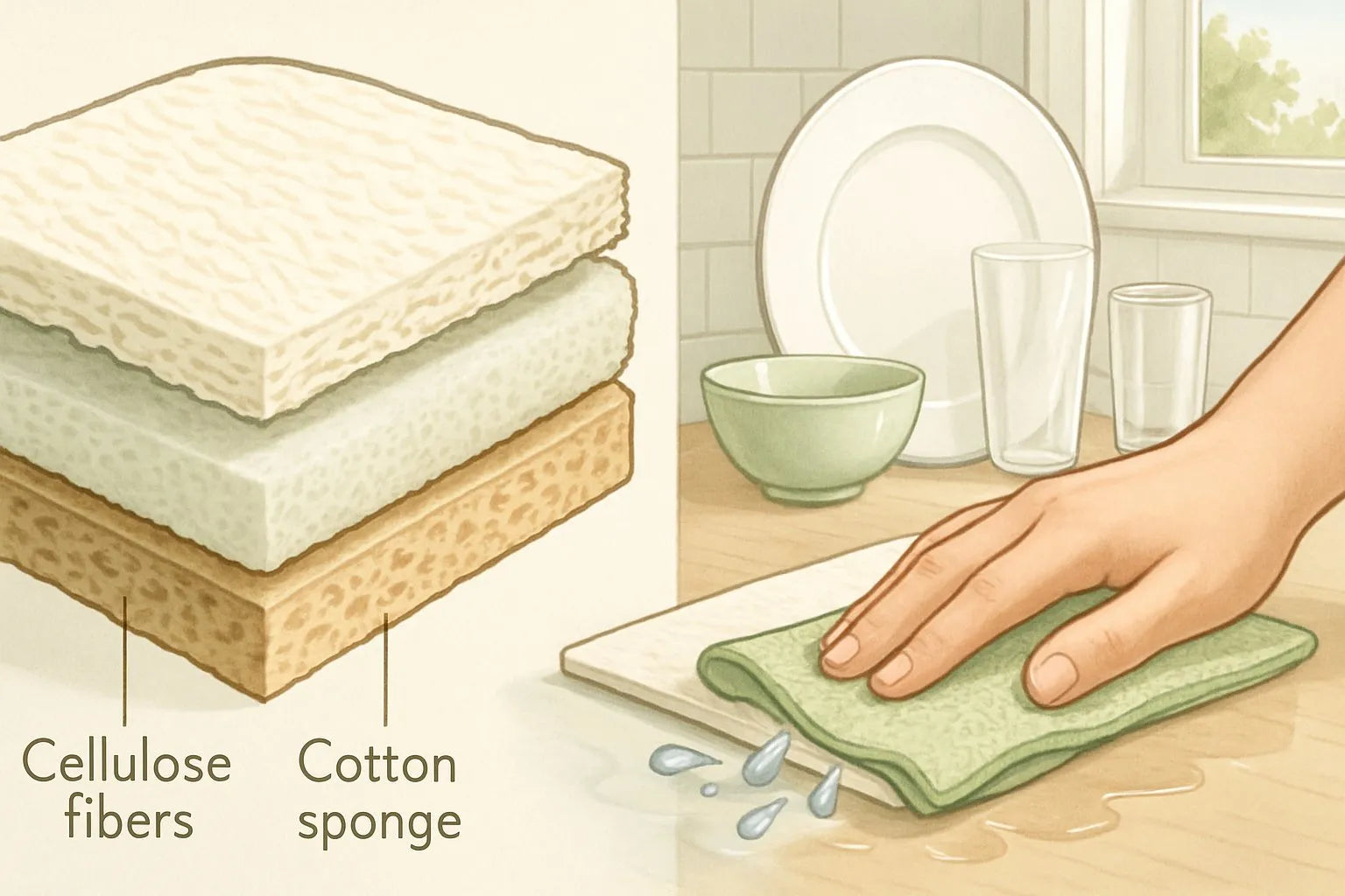 Illustrated breakdown of cellulose and cotton sponge layers with a hand wiping a countertop.