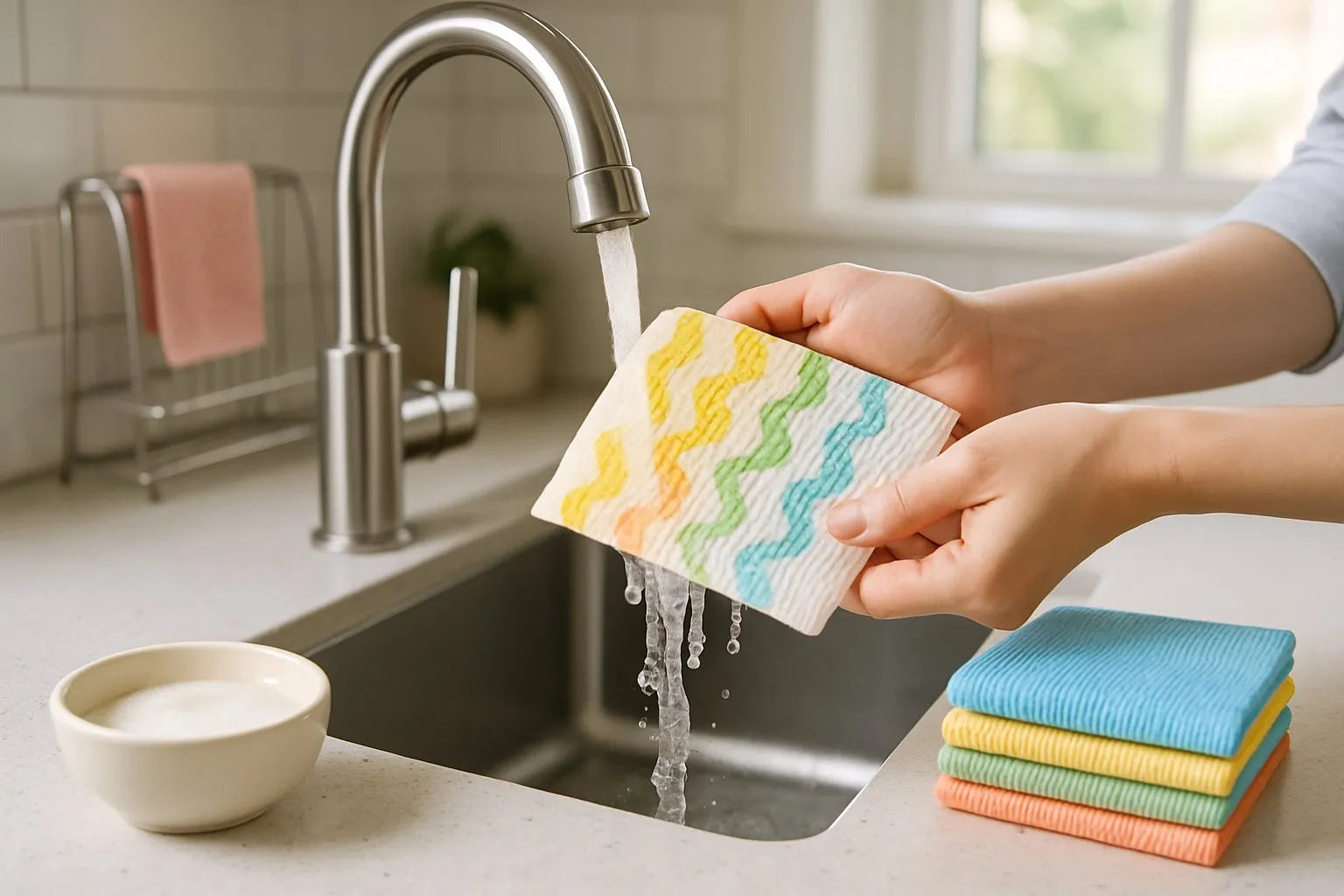 Person rinsing a colorful Swedish dishcloth under running water in a modern kitchen sink.