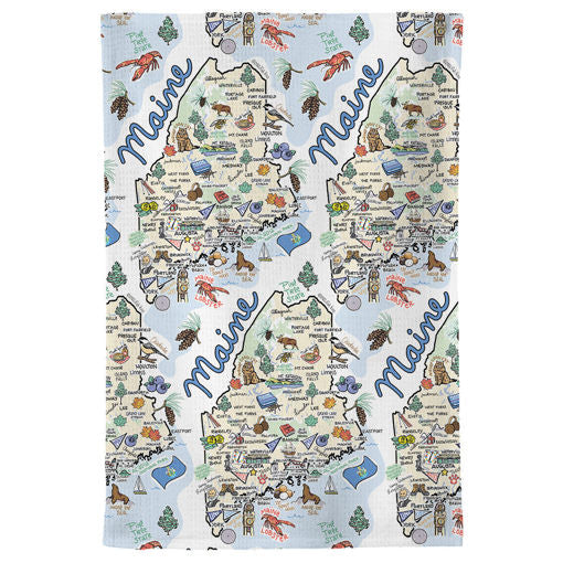 Fish kiss tea towel with Maine Map design