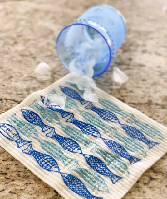 swedish dish cloth with catch of the day blue design