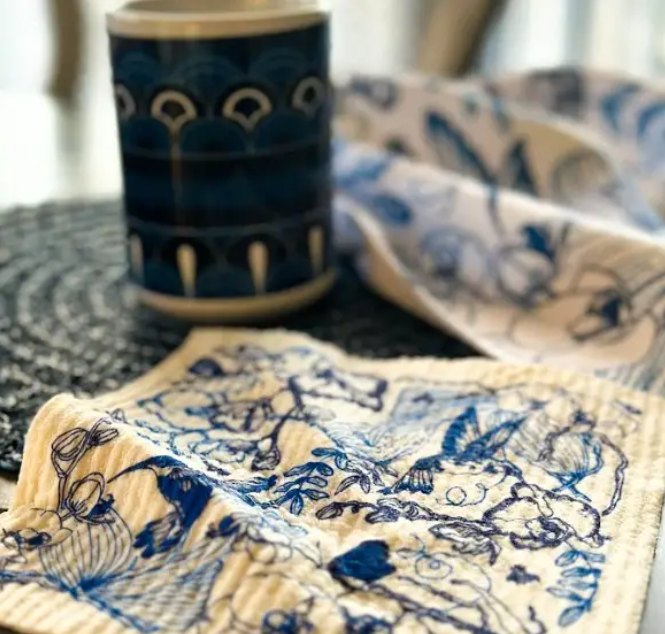 Swedish Cloth with Orchid Garden Blue Design