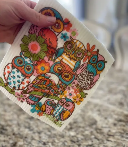 Swedish Sponge Cloth with owl family design