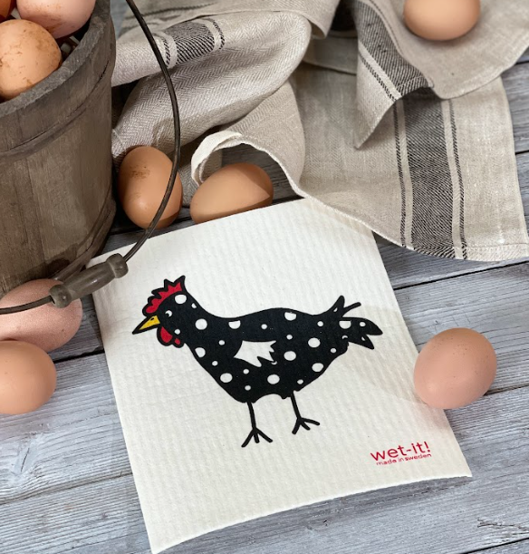 swedish dish cloth with spotted black chicken design