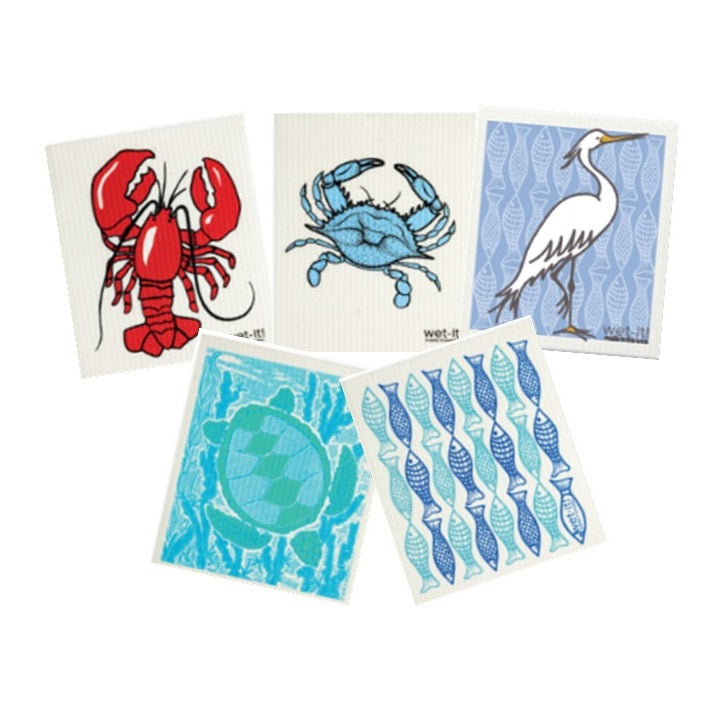 set of 5 sponge cloths including lobster, blue crab, heron, turtle, and fish