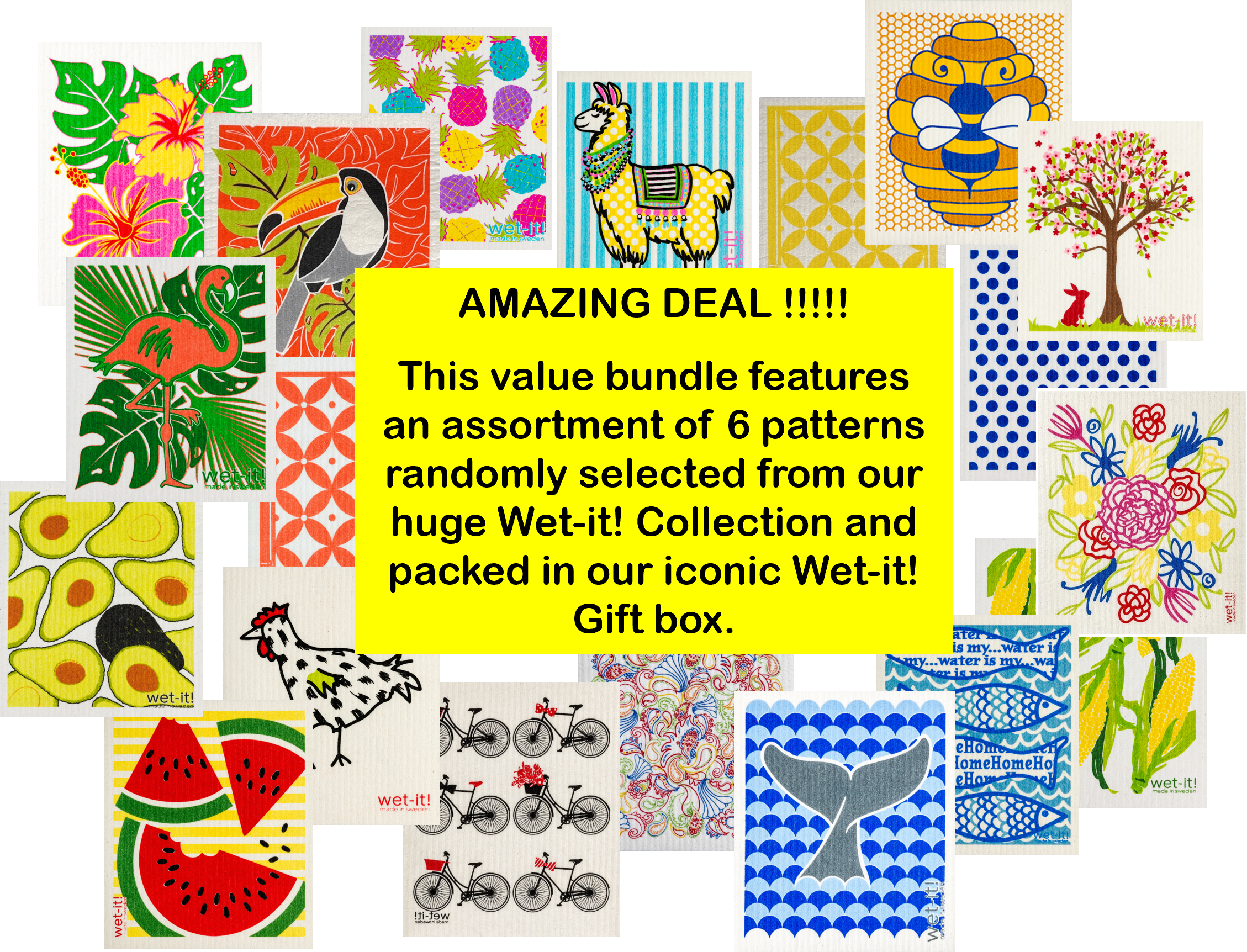 bundle of 6 assorted and randomly picked cloths from our huge wet-it collection packed in a gift box