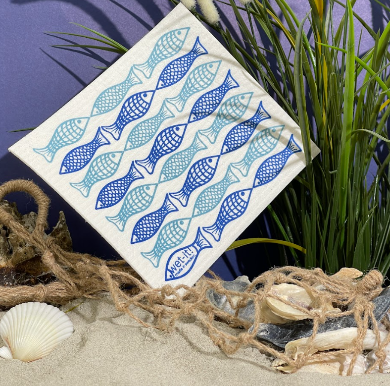 swedish dish cloth with catch of the day blue design