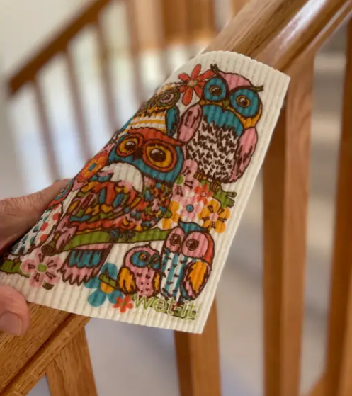 Swedish Sponge Cloth with owl family design