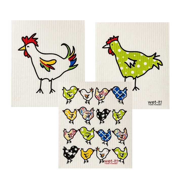 3 swedish dish cloths with rooster, green chicken, and little chix designs