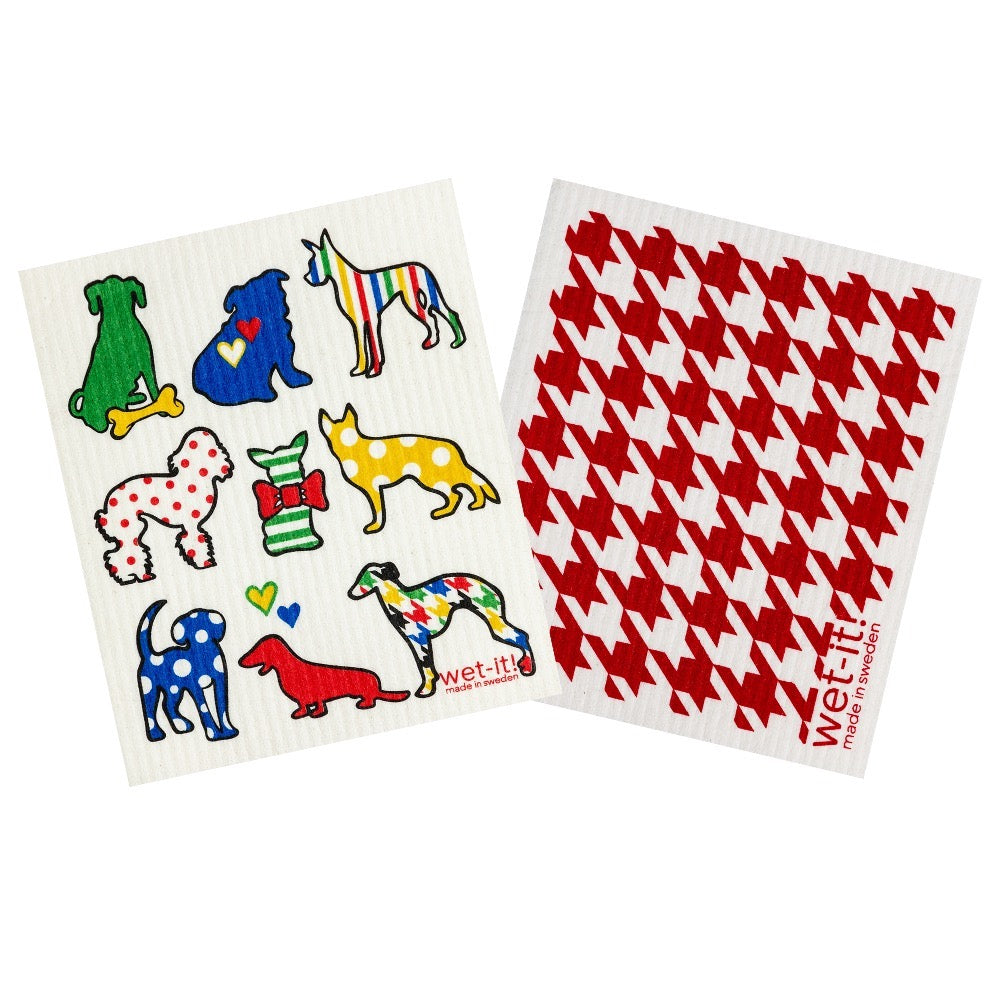 set of 2 sponge cloths including dogs and red houndstooth