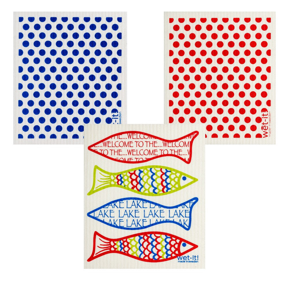 set of 3 spomge cloths including fsh, blue dots, and red dots