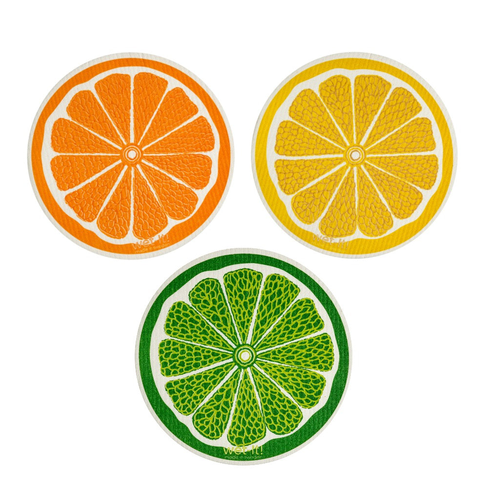 set of 3 sponge cloths with lemon round, orange round, and lime round