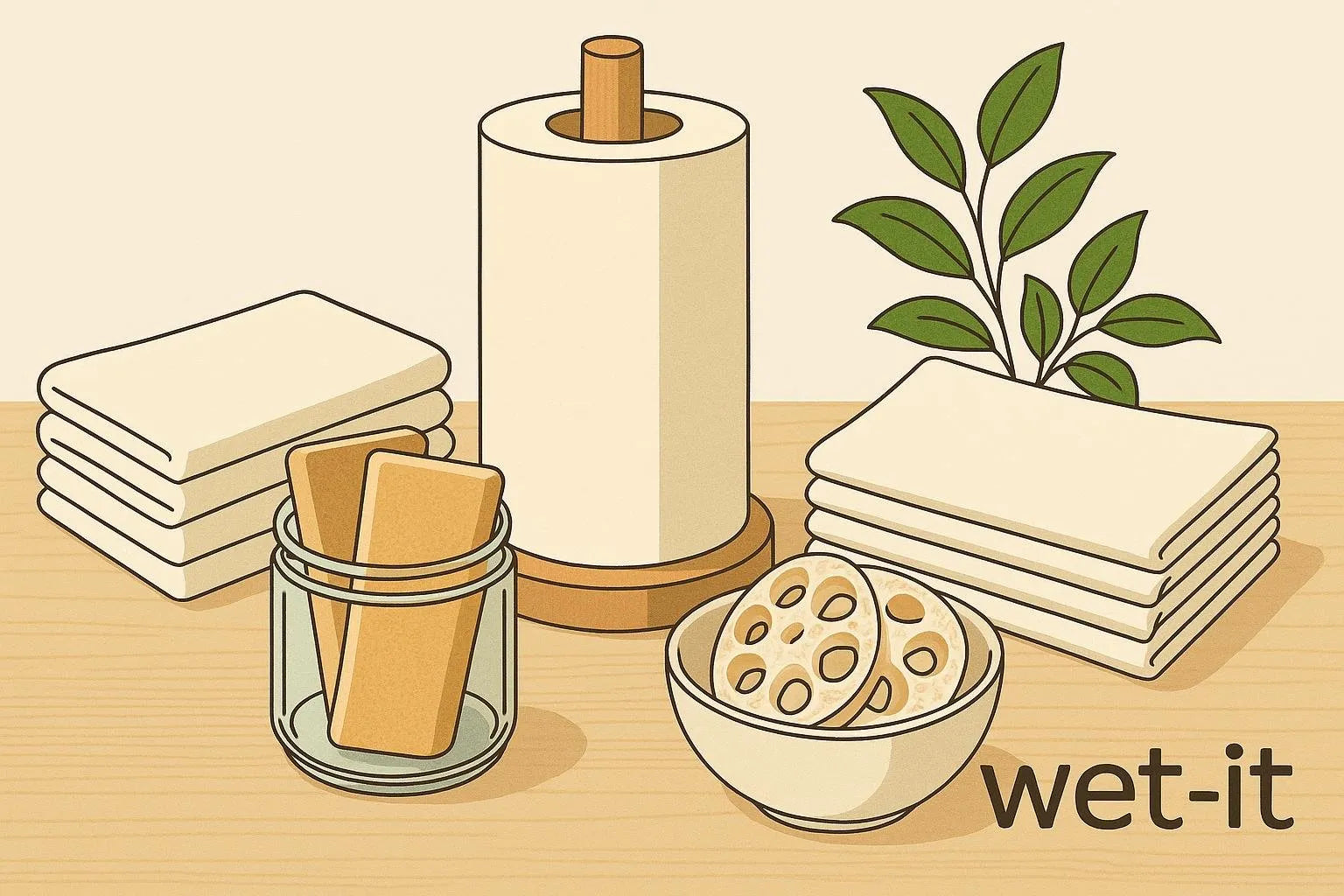 Illustration of eco-friendly reusable alternatives to paper towels, including cloths, sponges, and a paper towel roll on a wooden counter with green leaves.