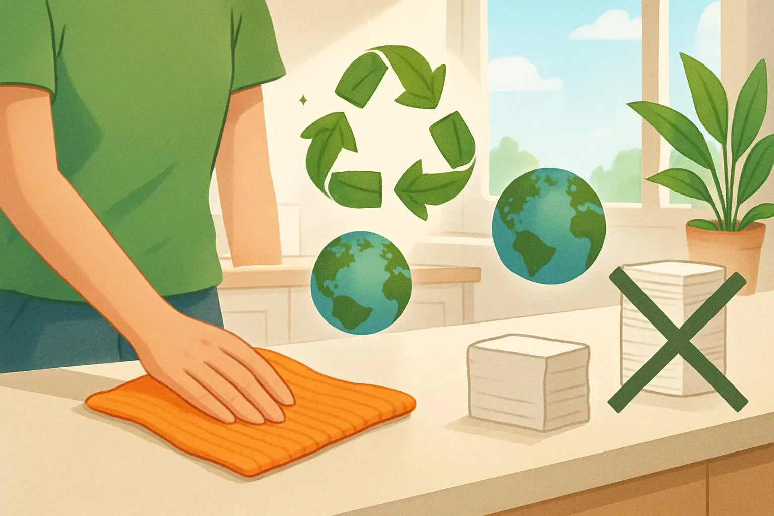 Illustration comparing reusable cloth cleaning to disposable paper towels, highlighting recycling and environmental benefits.