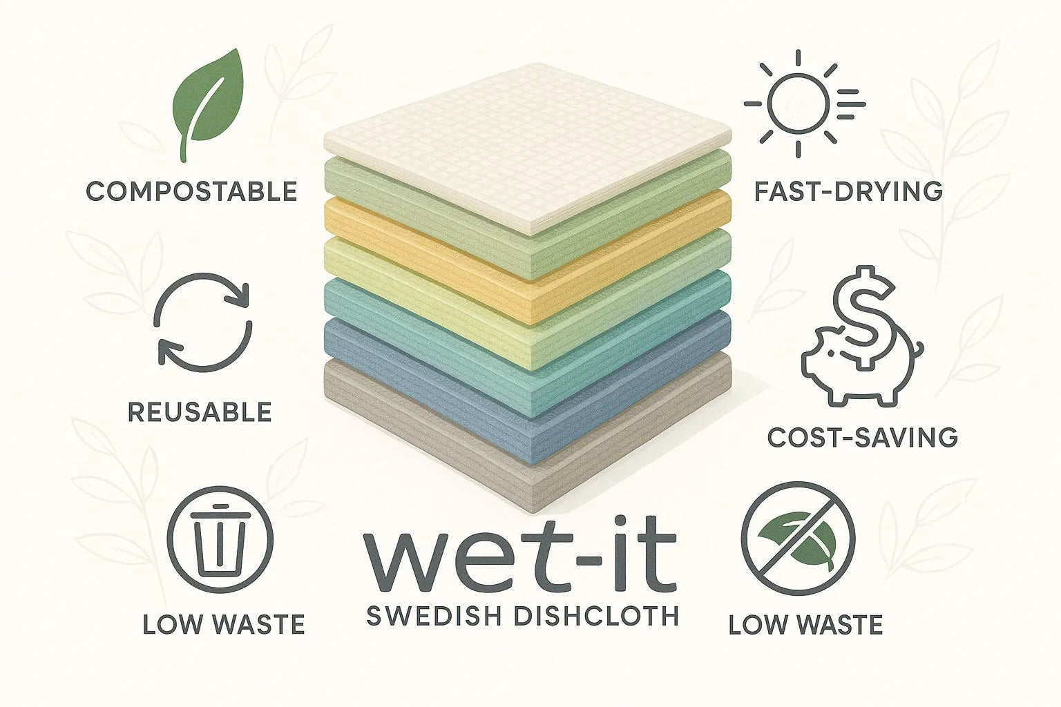 Wet-it Swedish dishcloth infographic showing benefits like compostable, reusable, fast-drying, and low waste.