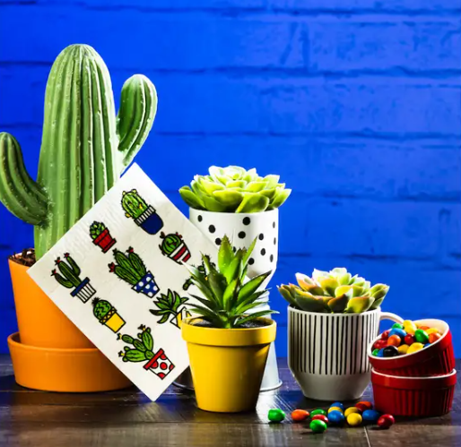 swedish dish cloth with cactus pots design