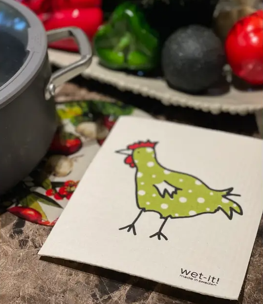 swedish dish cloth with spotted green chcken design