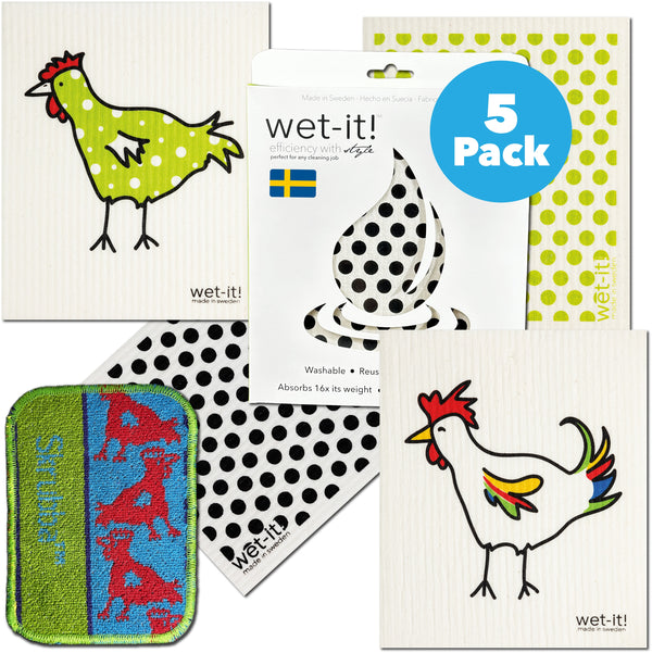 Wet-it! Chicken Value Bundle of 4 with Bonus Skrubba in a gift box. Contains 1 green chicken cloth, 1 rooster cloth , 1 green dots cloth, 1 black dots cloth and 1 chicken skrubba.