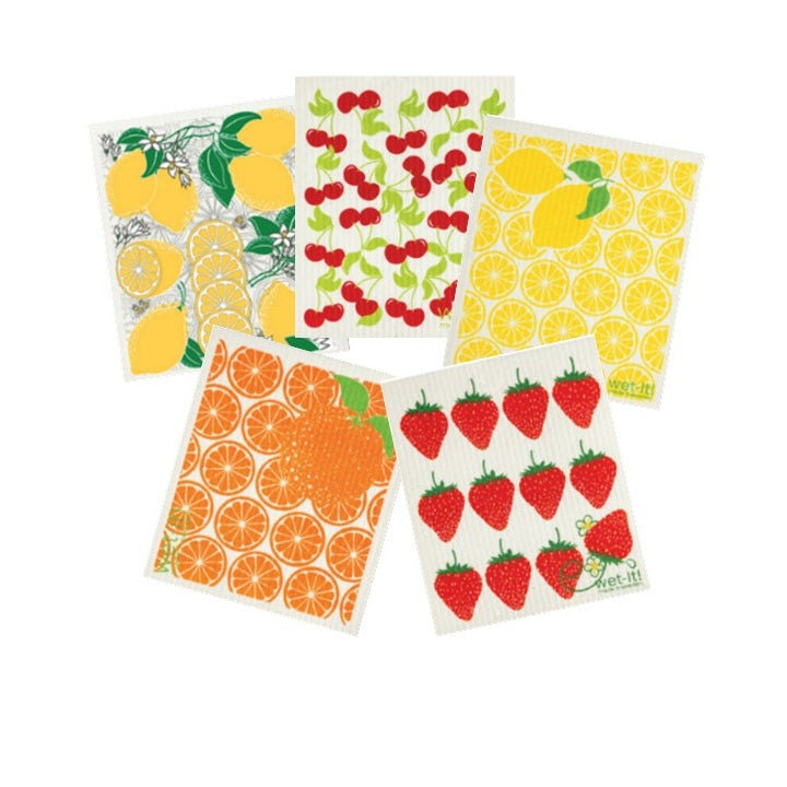 set of 5 sponge cloths with citrus limone, cherries, lemonade, oranges, and strawberries