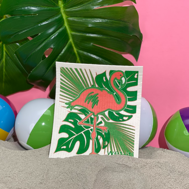 swedish dish cloth with flamingo design