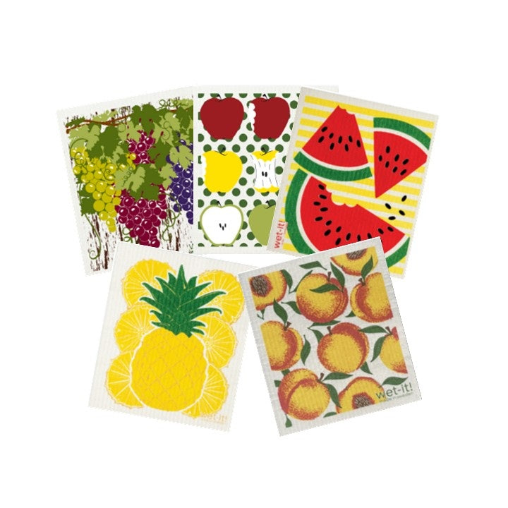 set of 5 sponge cloths including grapevie, apples, watermelon, pineapple, and peaches