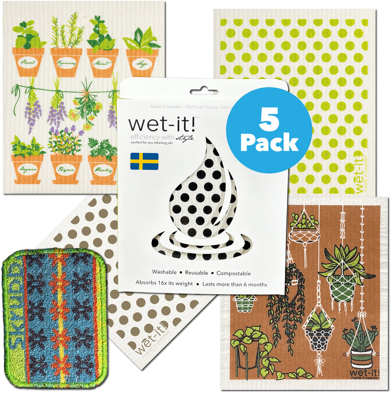 Wet-it! Herb Value Bundle of 4 with Bonus Skrubba in a gift box. Contains 1 fresh herbs cloth, 1 macrame floral cloth , 1 green dots cloth, 1 taupe dots cloth and 1 vogue skrubba. 