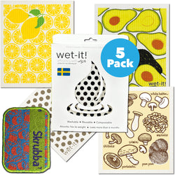 Wet-it! Mushroom Value Bundle of 4 with Bonus Skrubba in a gift box. Contains 1 mushroom medley cloth, avocado cloth , 1 lemonade cloth, 1 taupe dots cloth and 1 kitchen skrubba.