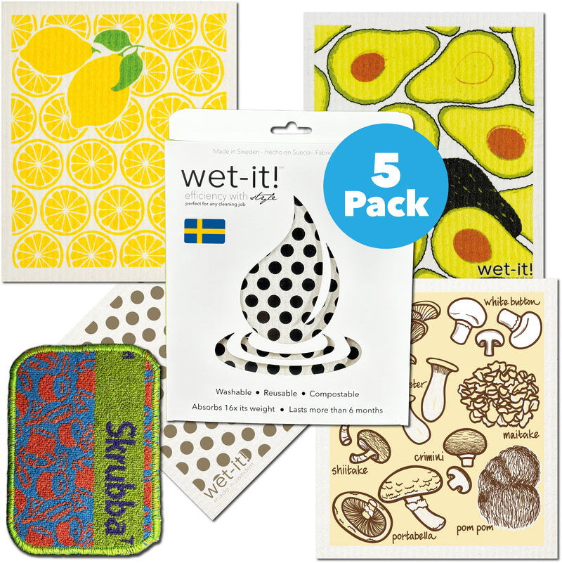 Wet-it! Mushroom Value Bundle of 4 with Bonus Skrubba in a gift box. Contains 1 mushroom medley cloth, avocado cloth , 1 lemonade cloth, 1 taupe dots cloth and 1 kitchen skrubba.