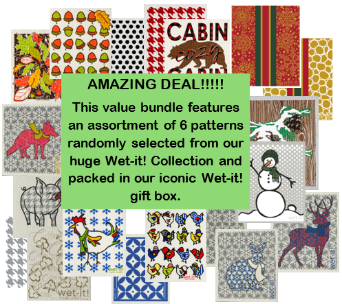 bundle of 6 assorted and randomly picked cloths from our huge wet-it collection packed in a gift box