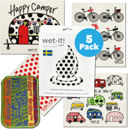 Wet-it! RV Value Bundle of 4 with Bonus Skrubba in a gift box. Contains 1 my RV cloth, 1 happy camper cloth , 1 bikes cloth, 1 red dots cloth and 1 rv skrubba.