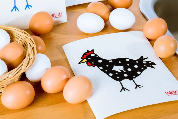 swedish dish cloth with spotted black chicken design