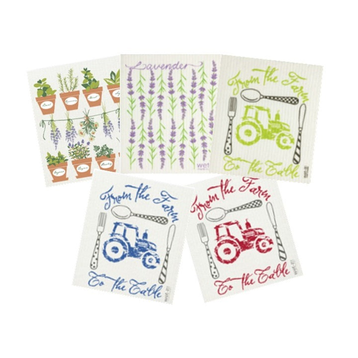set of  sponge cloths with green tractor, red tractor, blue tractor, lavender, and fresh herbs