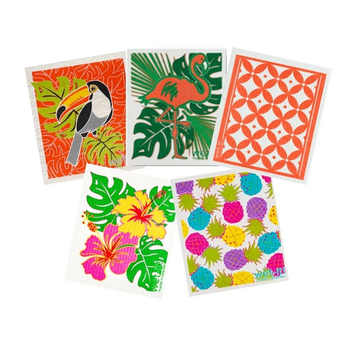 Set of 5 sponge cloths including tropical toucan, flamingo, classic coral, hibiscus, and colorful pineapple