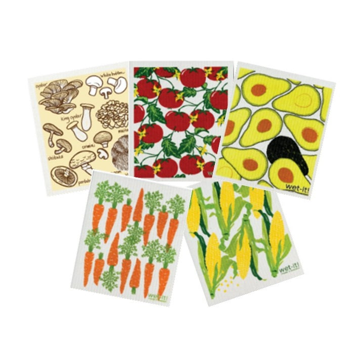 set of 5 sponge cloths including mushrooms, tomato, avocado, carrots, and corn