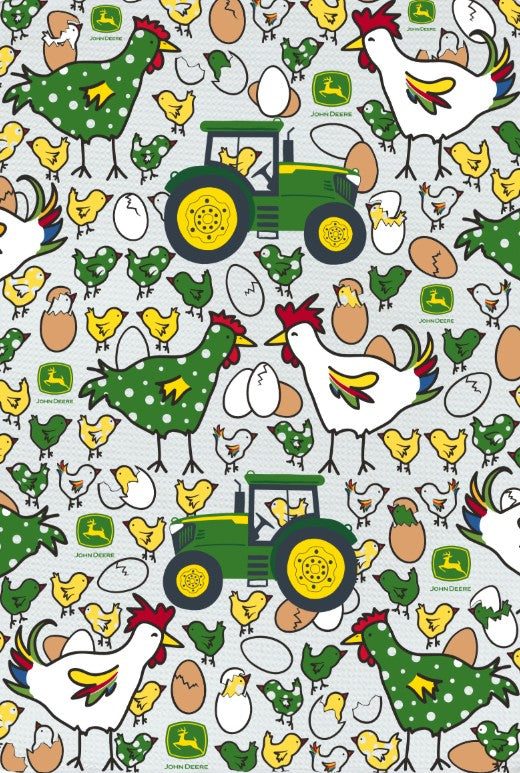 Microfiber tea towel with John Deere chicken coop design