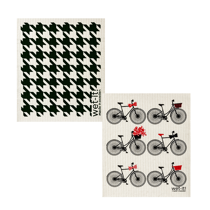 set of 2 sponge cloths including bikes and black houndstooth