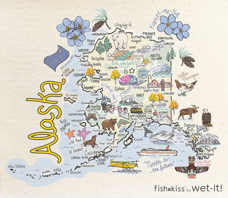 Fish-kiss Wet-it! cloth with Alaska map design