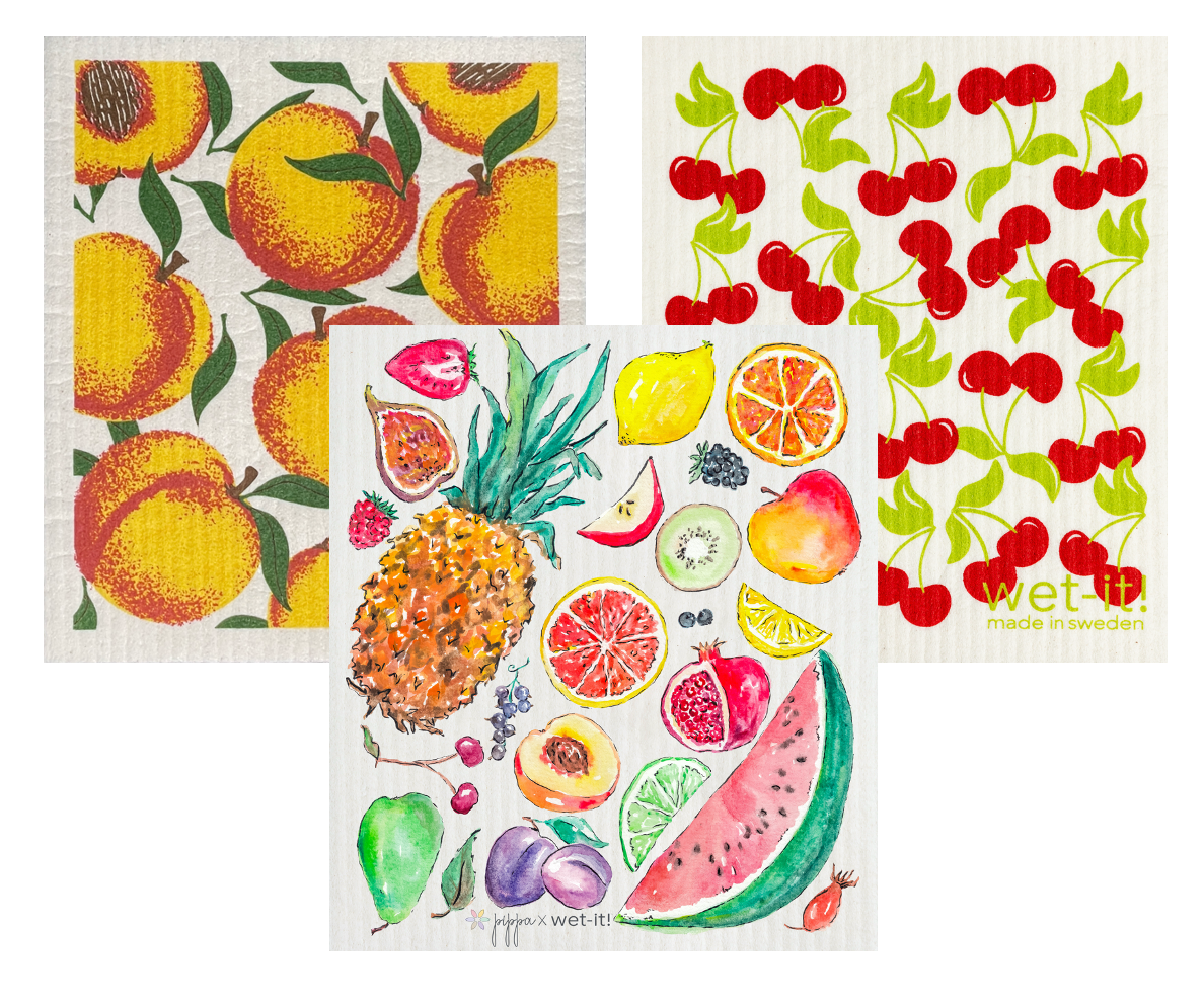 set of 3 sponge cloths with peaches, cherries, and tutti frutti