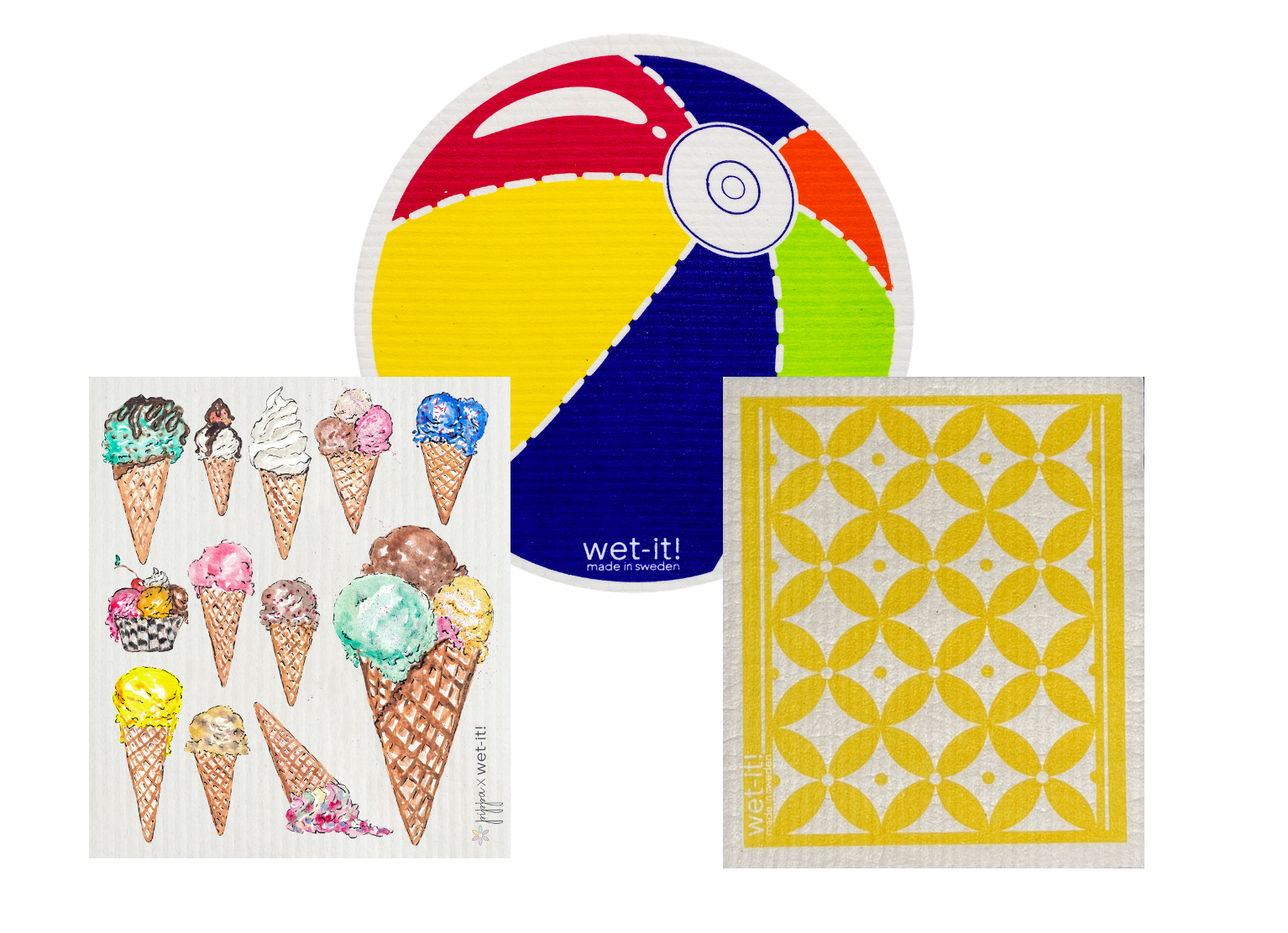 set of 3 sponge cloths including ice cream, classic yellow, and beach ball