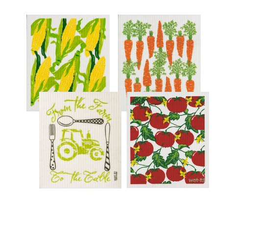 set of 4 sponge cloths with corn, carrots, tomatoes, and farm to table