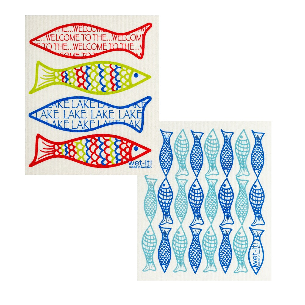 set of 2 sponge cloths with catach of the day blue and welcome to the lake designs