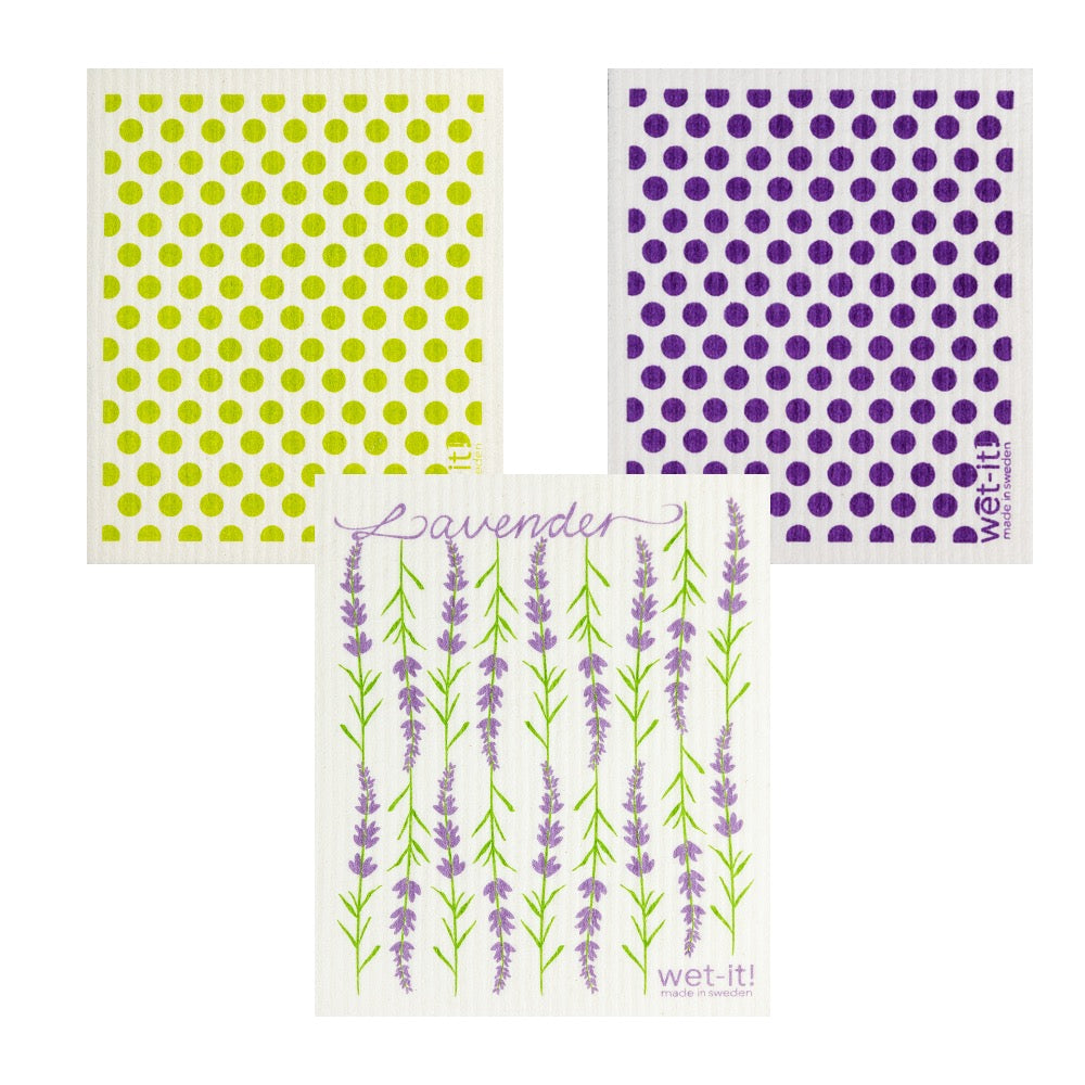 set of 3 sponge cloths including lavender, green dots, and purple dots