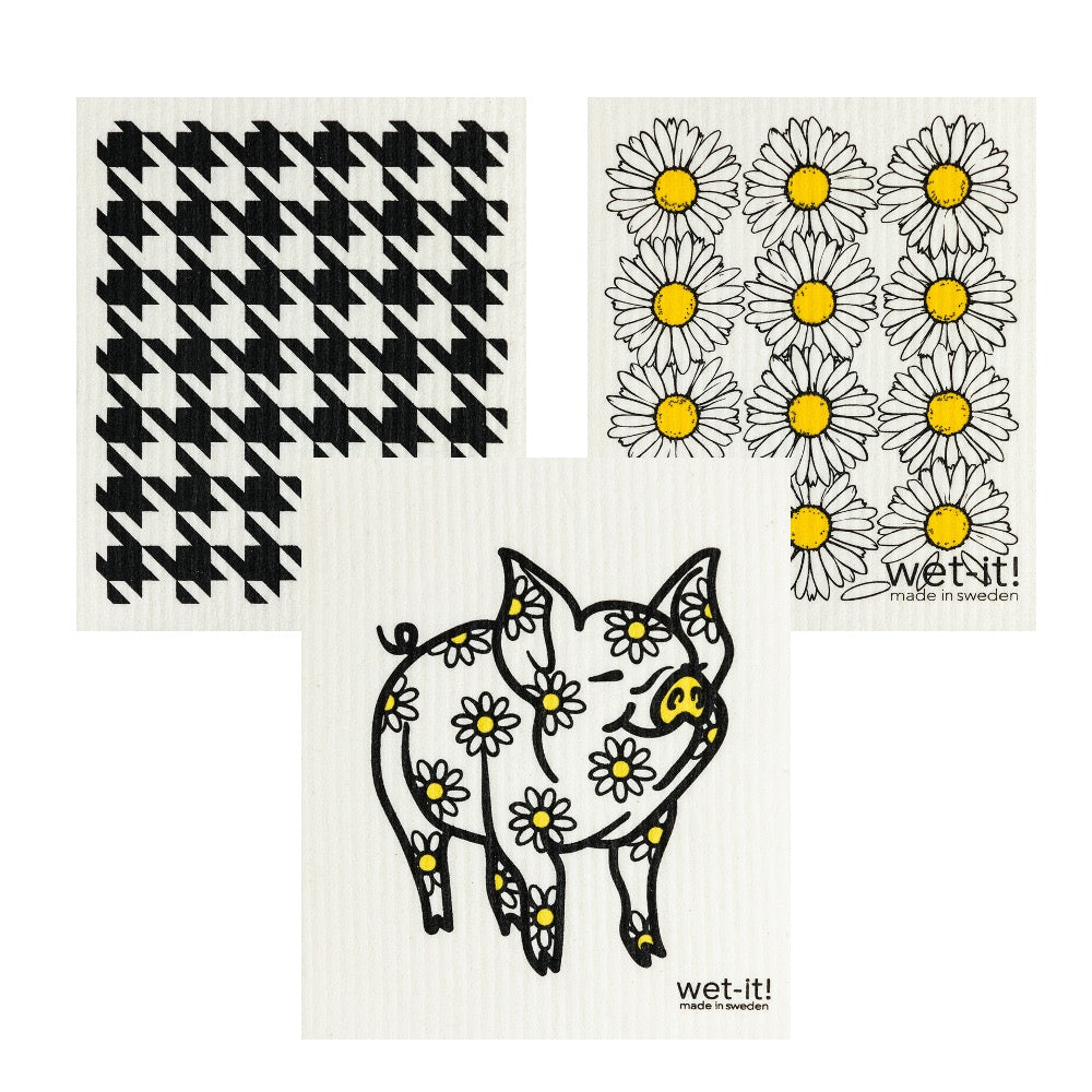 set of 3 sponge cloths including daisy pig, daisies, and black houndstooth