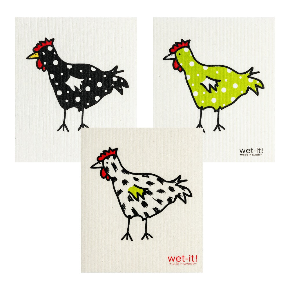 set of 3 sponge cloths with green chicken, black chicken, and painted chicken