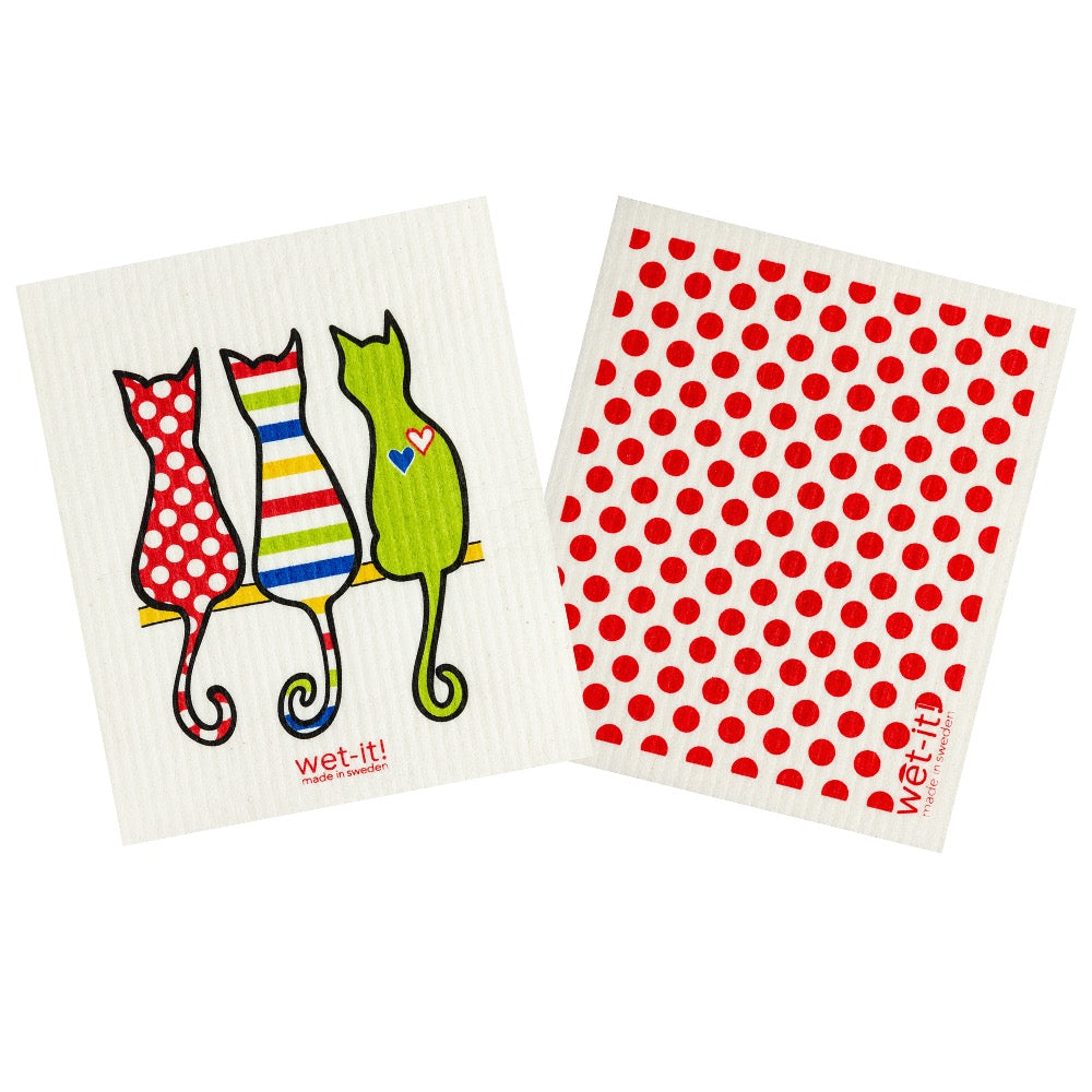 set of 2 ponge cloths including cats and red dots