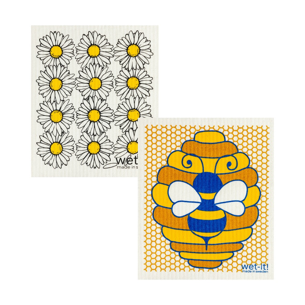 set of 2 sponge cloths including honeybee and daisies