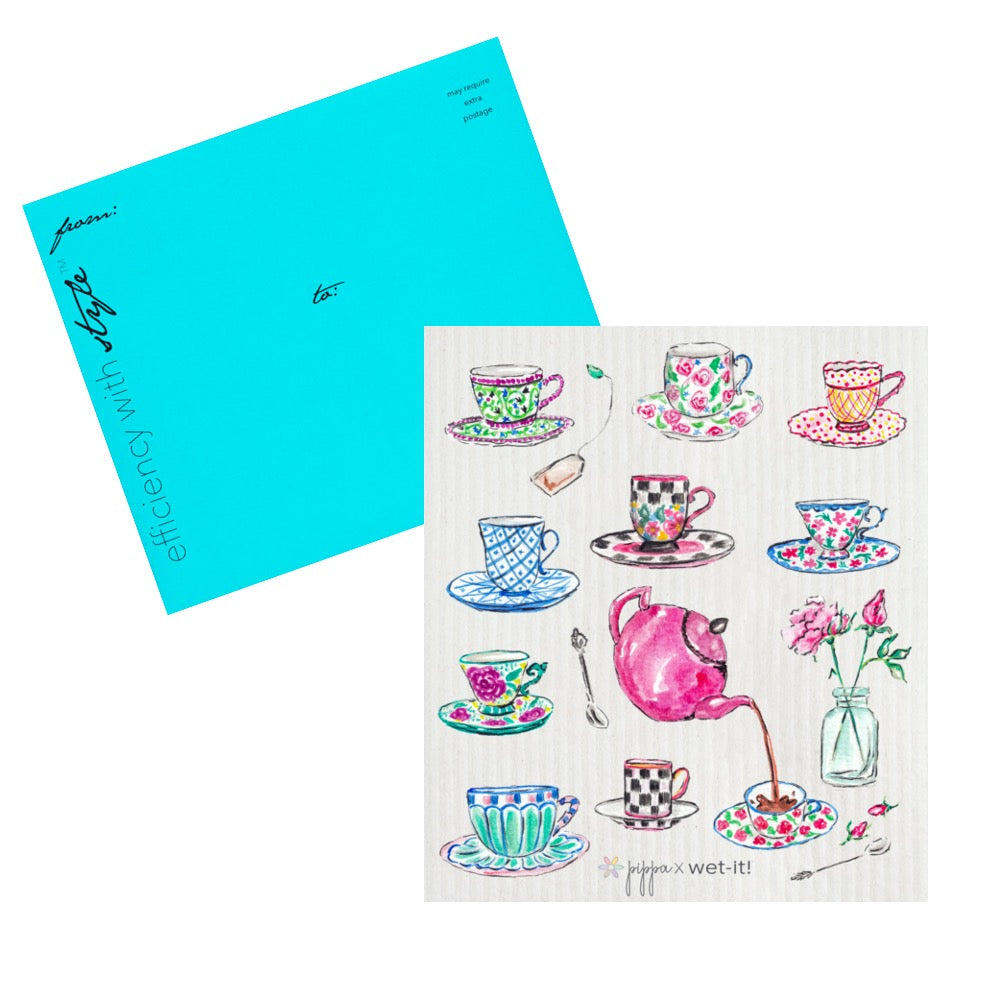 Set of 1 wet-it! cloth with Pippa tea time design and 1 turquoise envelope