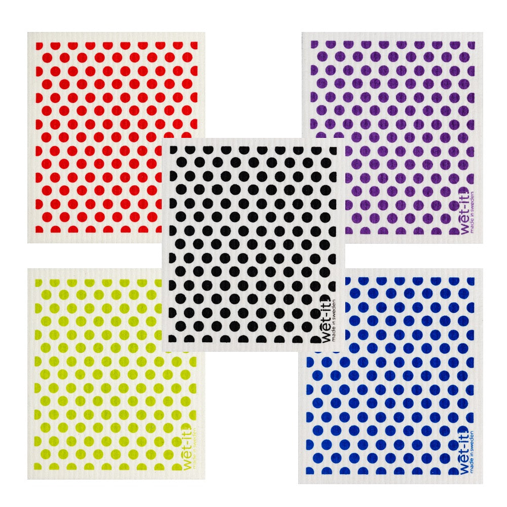 set of 5 Swedish sponge cloths with different color dots, red, black, purple, green, and blue