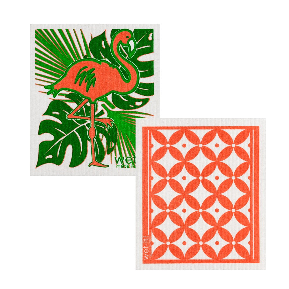 set of 2 sponge cloths with flamingo and classic coral