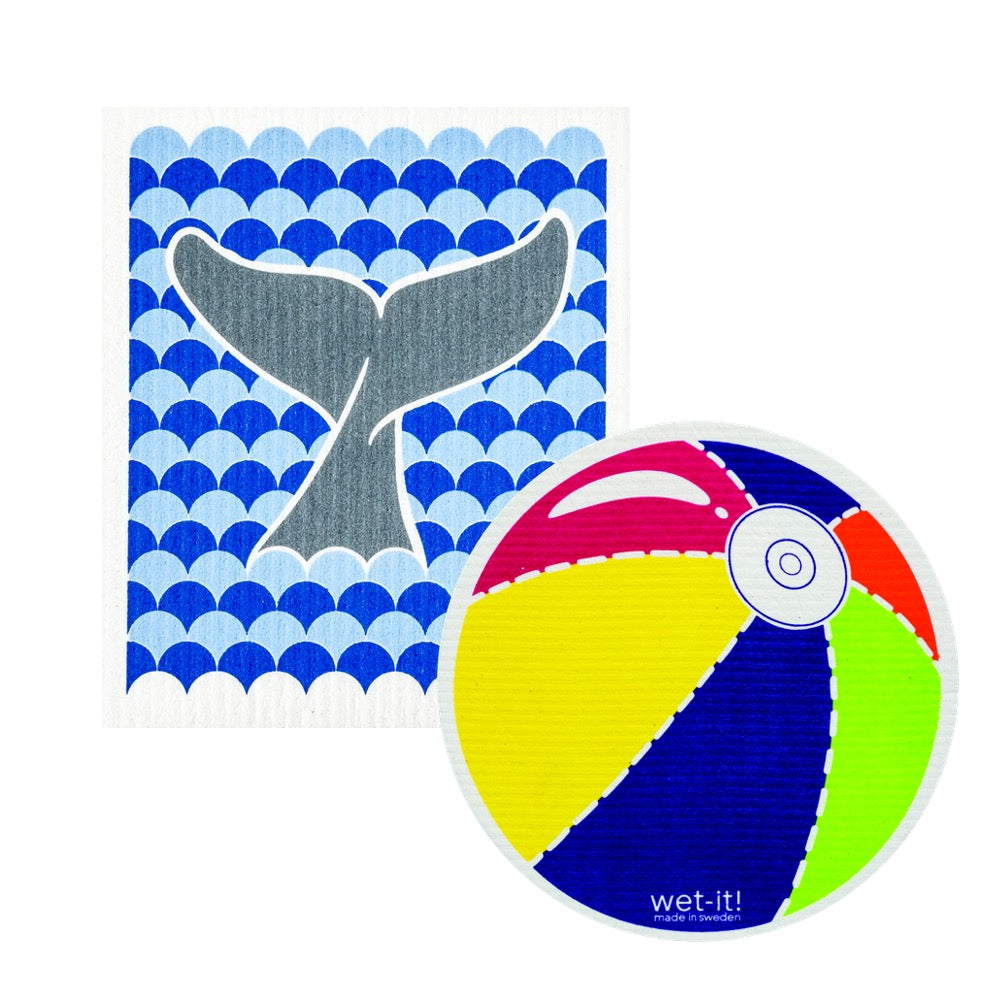 set of 2 sponge cloths including whale tail and beach ball