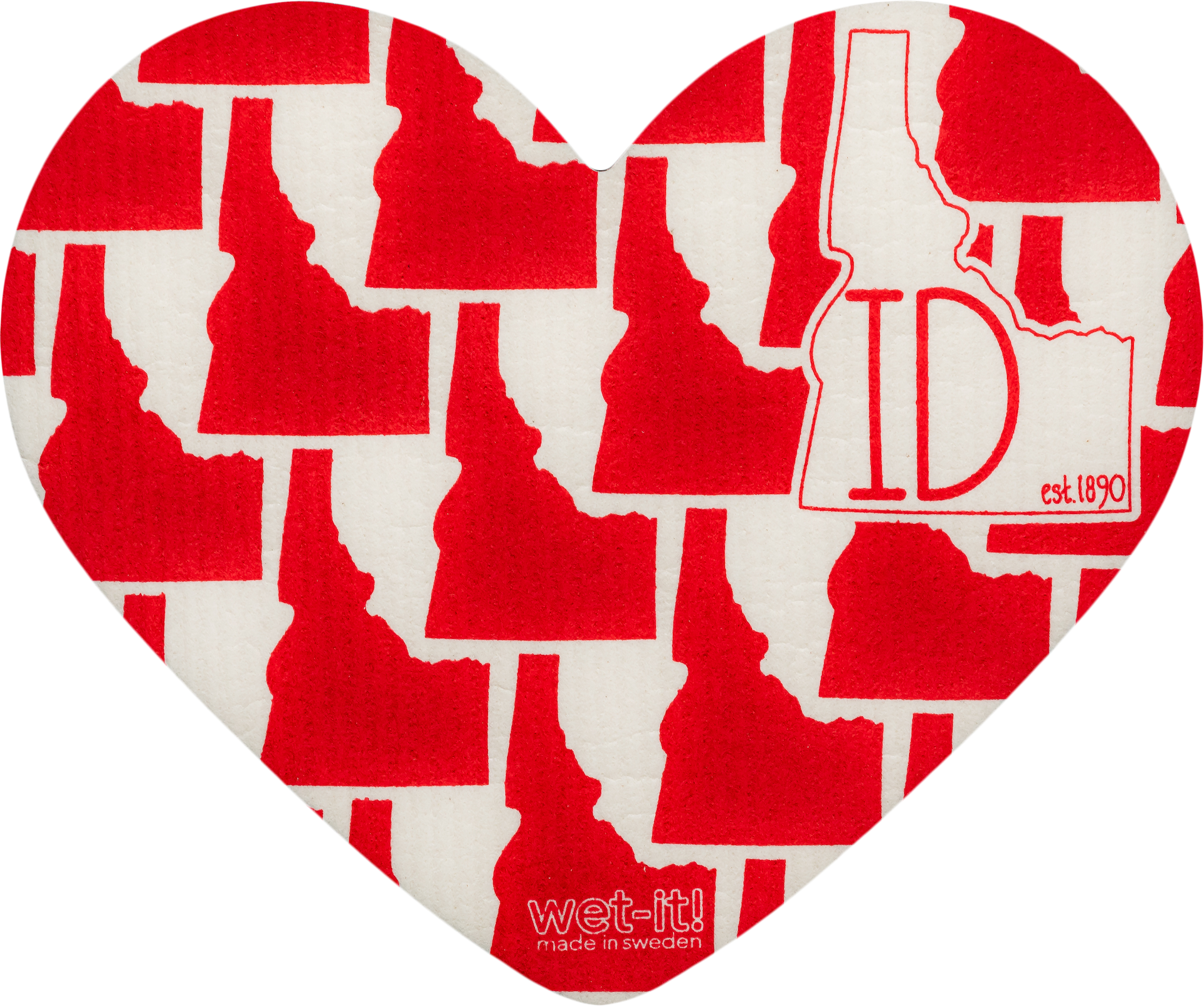 A red and white swedish dishcloth with a state outline design and the brand 'ID Est 1890' visible.